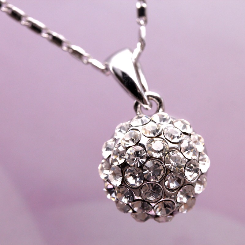 Rhinestones Pave Ball Pendant Silver Necklace