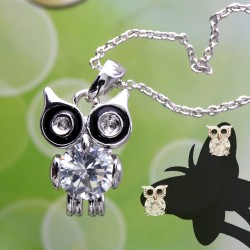 Crystal Cute Owl Pendant Silver Necklace Earrings Set