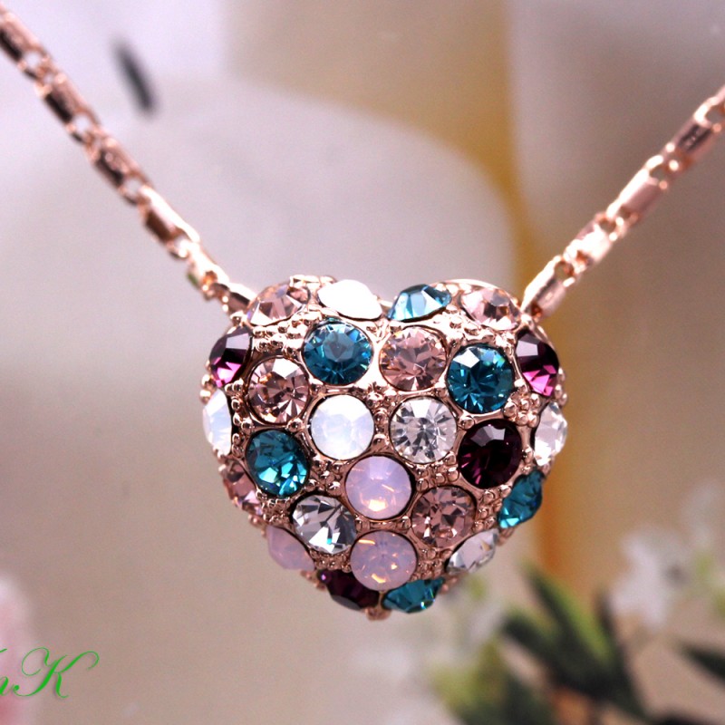 Crystal Colorful Pave Heart Pendant Rose Gold Necklace