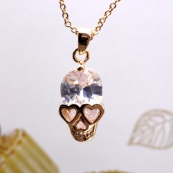 Crystal Love Heart Eyes Skull Pendant Gold Necklace