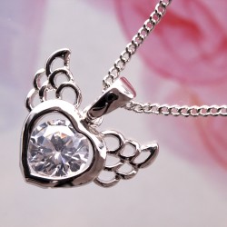 Angel Wings Heart Crystal Pendant Silver Necklace