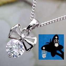 Crystal Butterfly Bowtie Knot Pendant Silver Necklace Earrings Set