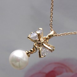 Butterfly Bow Knot Crystal Pearl Pendant Silver Gold Necklace