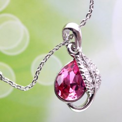 Rhinestones Feather Pink Oval Crystal Pendant Silver Necklace