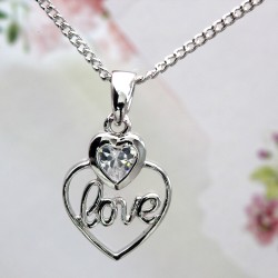 Love Word in Heart Clear Crystal Pendant Silver Necklace