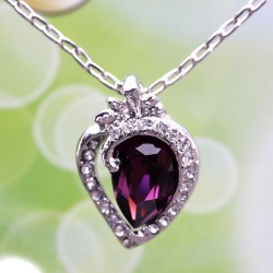 Purple Violet Oval Crystal Heart Pendant Silver Necklace