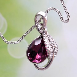 Purple Violet Crystal Oval Shape Bead Rhinestones Feather Pendant Silver Necklace