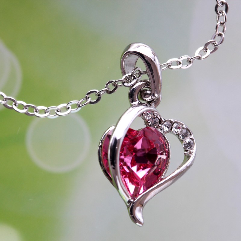 Pink Crystal 3D Love Heart Pendant Silver Necklace