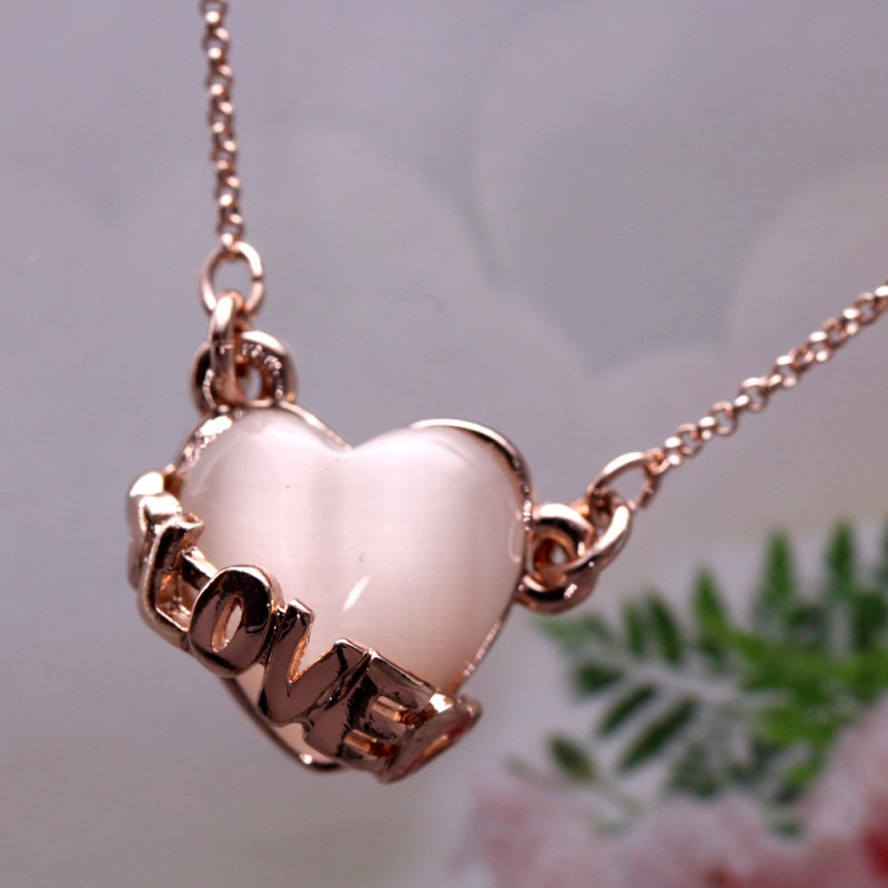 Cat Eye Stone Love Heart Rose Gold Necklace